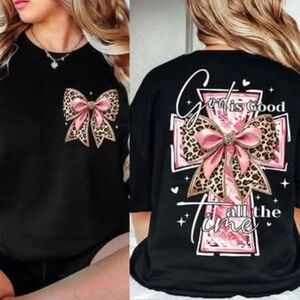 Gildan Black Tee with Pink and Leopard Bow Design